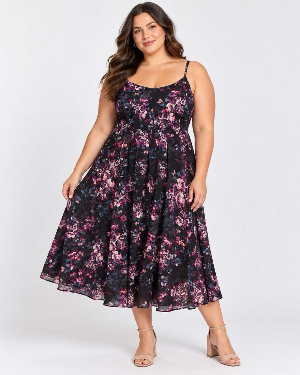 Torrid Plus Size 2 Black Floral Print Sleeveless Midi Dress Chiffon Pleated